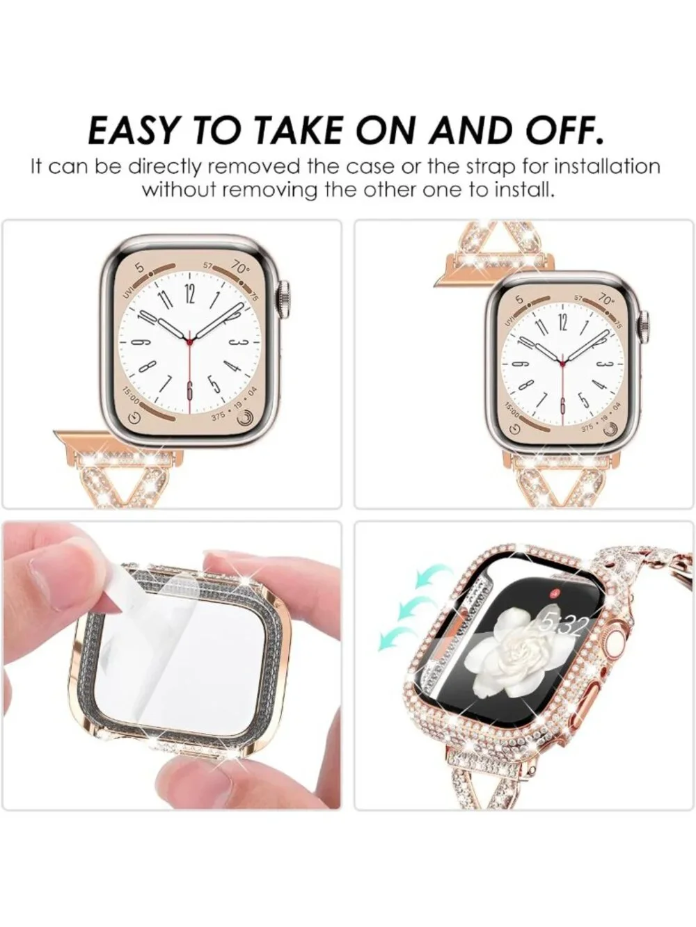 Stylish Metal Band & Bling Rhinestone Case for Apple Watch 38mm-46mm - Women’s
